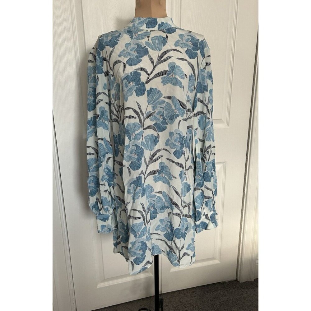 Keepsake the Label Blue Long Balloon Sleeve Floral Mini Dress Silk Shift Sz L